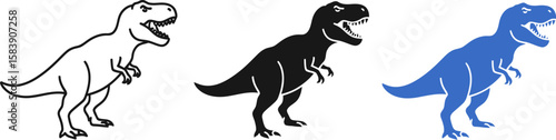 Three stylized tyrannosaurus rex dinosaurs in outline black and blue colors