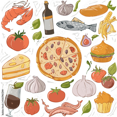 Detailed illustration of Italian cuisine with fish, cheese, pasta, pizza, wine, and delicacies. Ideal for menus, packaging, or culinary advertising
