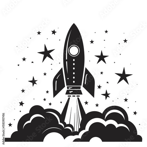 Vintage space rocket launch silhouette with stars and smoke trail