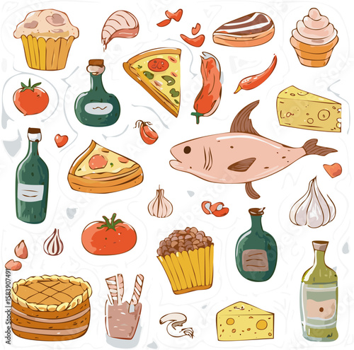 Detailed illustration of Italian cuisine with fish, cheese, pasta, pizza, wine, and delicacies. Ideal for menus, packaging, or culinary advertising