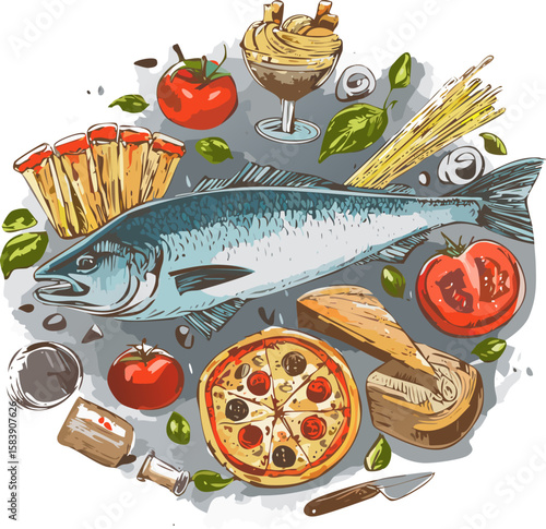 Detailed illustration of Italian cuisine with fish, cheese, pasta, pizza, wine, and delicacies. Ideal for menus, packaging, or culinary advertising