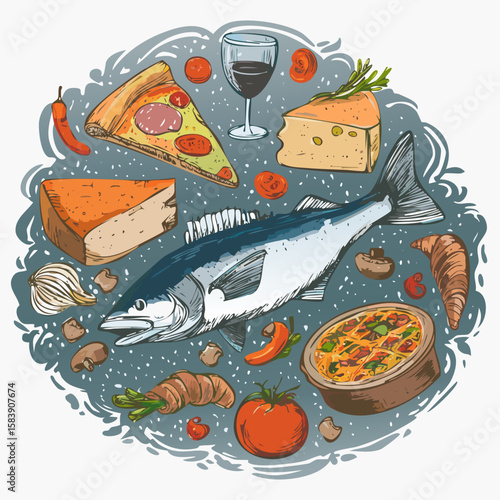 Detailed illustration of Italian cuisine with fish, cheese, pasta, pizza, wine, and delicacies. Ideal for menus, packaging, or culinary advertising