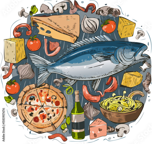 Detailed illustration of Italian cuisine with fish, cheese, pasta, pizza, wine, and delicacies. Ideal for menus, packaging, or culinary advertising