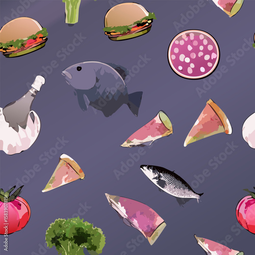 Detailed illustration of Italian cuisine with fish, cheese, pasta, pizza, wine, and delicacies. Ideal for menus, packaging, or culinary advertising