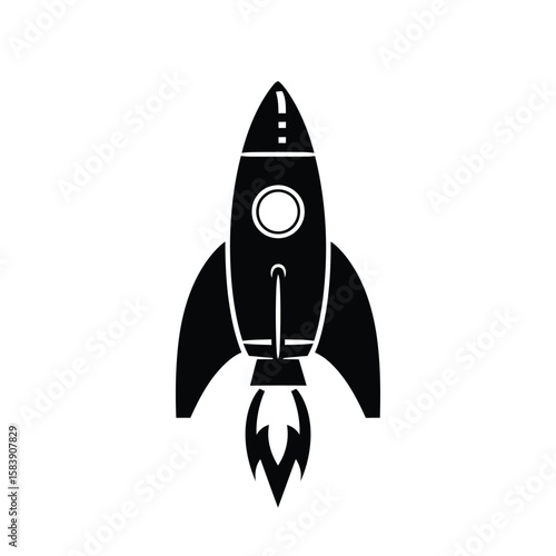 Retro rocket launch silhouette vector with black stars and Smoke on white background