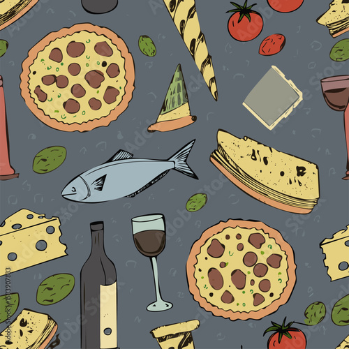 Detailed illustration of Italian cuisine with fish, cheese, pasta, pizza, wine, and delicacies. Ideal for menus, packaging, or culinary advertising