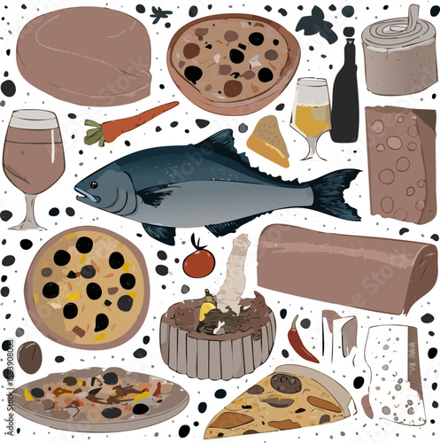 Detailed illustration of Italian cuisine with fish, cheese, pasta, pizza, wine, and delicacies. Ideal for menus, packaging, or culinary advertising