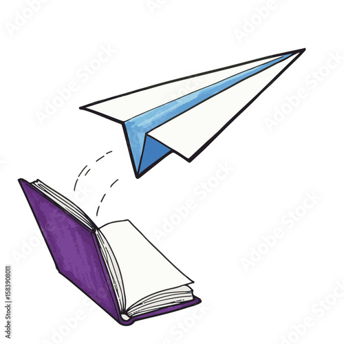 An artistic representation of an open book with a paper airplane launching from it, full of imagination.