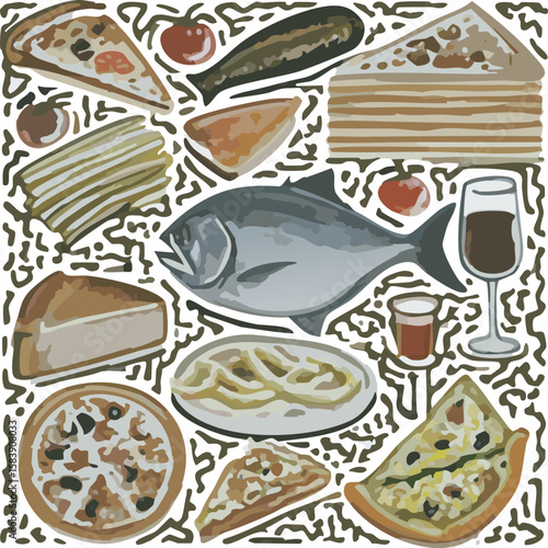 Detailed illustration of Italian cuisine with fish, cheese, pasta, pizza, wine, and delicacies. Ideal for menus, packaging, or culinary advertising