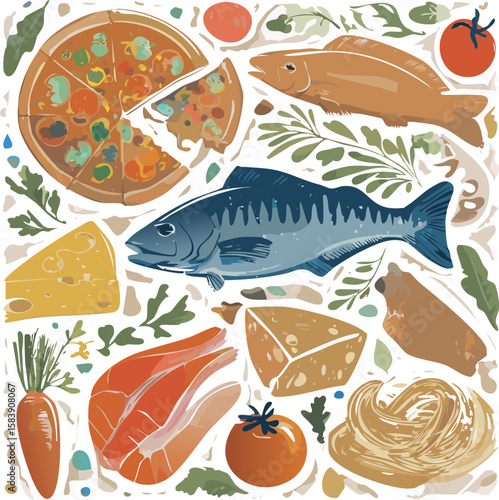 Detailed illustration of Italian cuisine with fish, cheese, pasta, pizza, wine, and delicacies. Ideal for menus, packaging, or culinary advertising