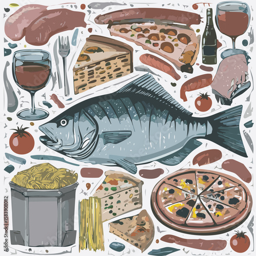 Detailed illustration of Italian cuisine with fish, cheese, pasta, pizza, wine, and delicacies. Ideal for menus, packaging, or culinary advertising