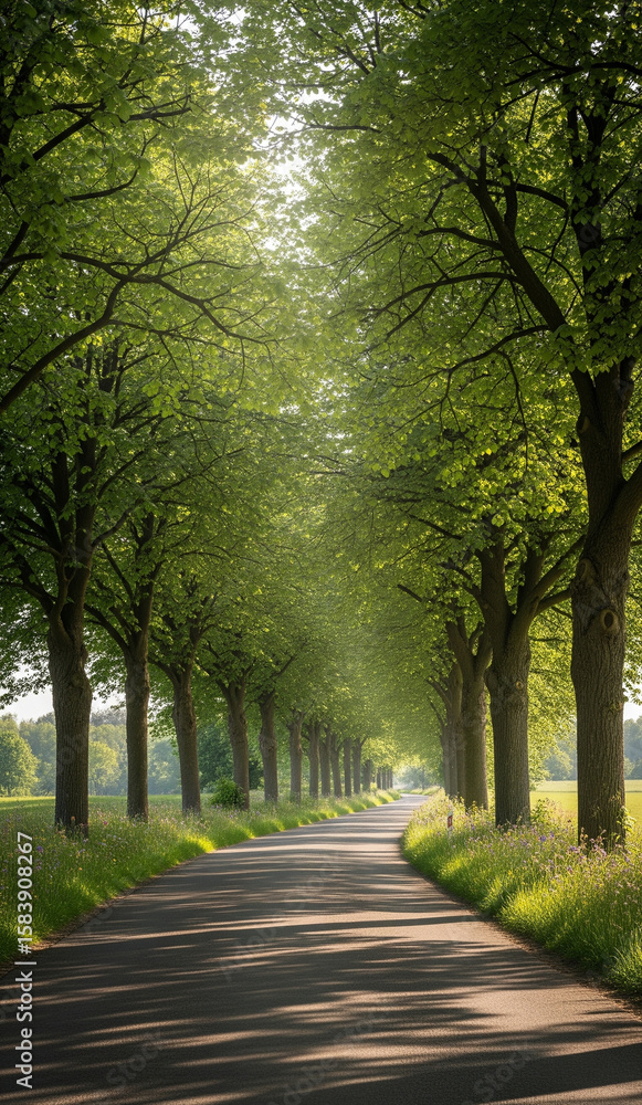 Obraz premium Tranquil rural road in the tropics lined with tall green trees