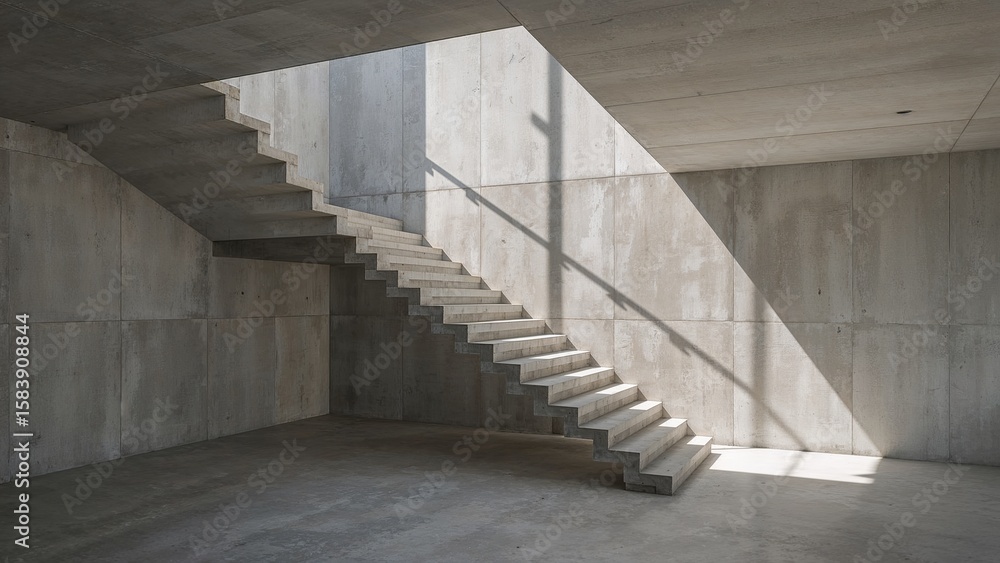 Obraz premium Lighttoned Concrete House Interior Modern Staircase Sunlight Shadows Grey Walls Minimalist Architecture