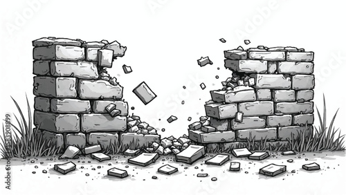 Ruined brick wall isolated on white background. Black and white broken brick wall. Vector illustration.	
