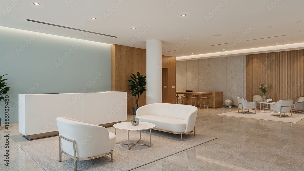 Fototapeta premium Sleek White Reception Area Modern Office Light Green Wall Wooden Accents Neutral Floor waiting area lobby