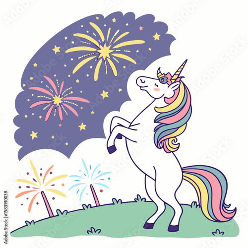 Unicorn watching summer fireworks