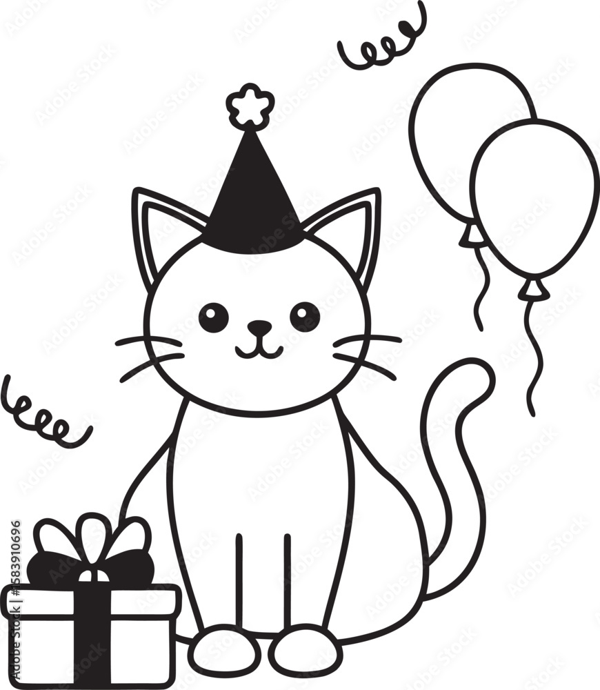 Cute cat wearing a party hat with balloons and gift silhouette isolated on a white background Cute cat wearing a party hat with balloons and gift silhouette isolated on a white background