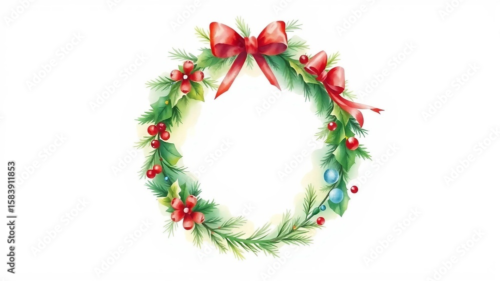 Fototapeta premium Aquarellillustration eines dekorativen Weihnachtskranzes mit roten Schleifen, Blättern und Beeren auf weißem Hintergrund.