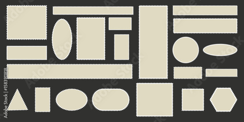 Postage stamp frame set, Mockup postage stamps, Beige round and rectangular templates for mail, postcard, poster, banner, badge, sticker