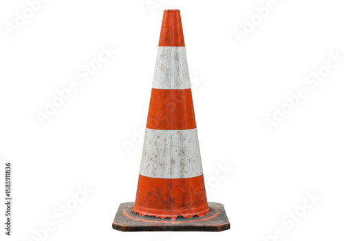 Konstfotografi Isolated Weathered Traffic Cone with Orange and White Stripes