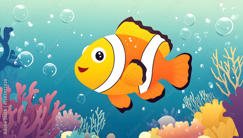 Fototapeta premium A cartoon fish with a smile on its face is swimming in a blue ocean