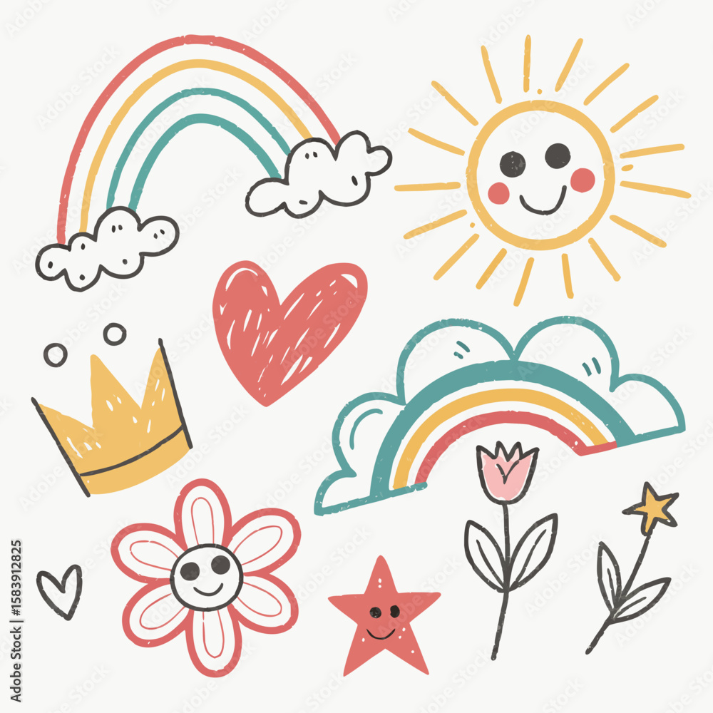Naklejka premium Hand drawn crayon child pencil style icon set. Cute rainbow, heart, crown, flower and sun in colorful kid doodle style. Chalk texture, cloud, smile, star and sketch figure for play or school design