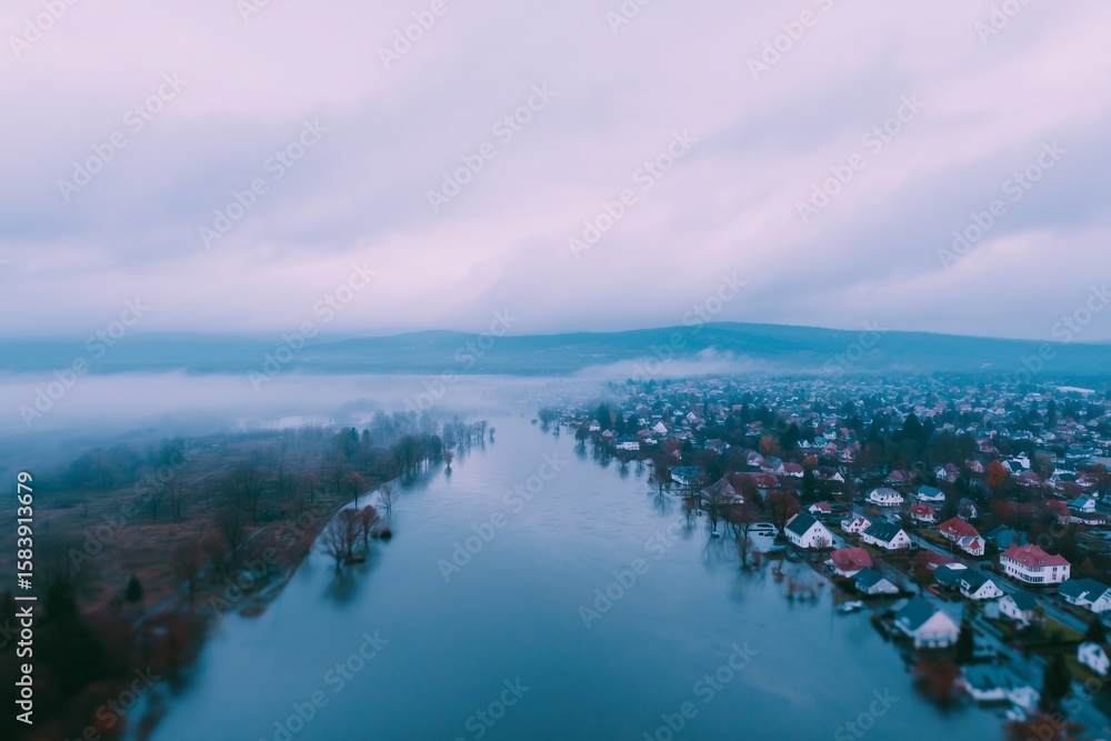 Fototapeta premium Aerial View of Flooded Town with Submerged Roads and Rooftops Under Rolling Fog