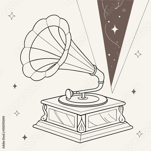 A vintage gramophone with a classic horn design is emitting musical notes and stars, evoking a sense of nostalgia