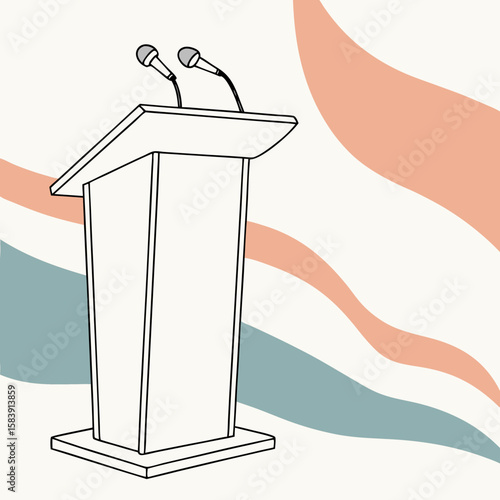 A podium with microphones stands ready for a speech, set against an abstract background of flowing waves, symbolizing communication
