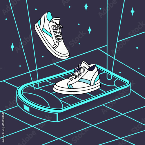 A pair of stylish sneakers float above a platform in a retrofuturistic digital illustration with grid lines and sparkling stars
