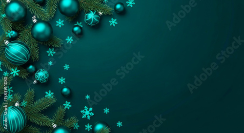 Christmas decorations with teal ornaments and snowflakes on dark background