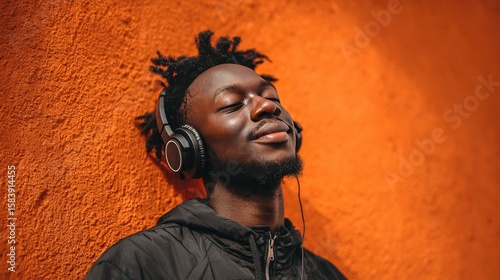 Image of Asian black man listening to music through headphones, enjoying his favorite song. Young man, male character wearing headphones, humming his favorite movie soundtrack.
