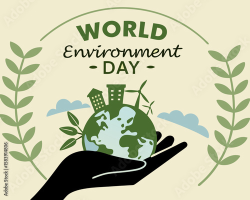 A hand holding the earth with buildings and windmills represents world environment day and the need to save the climate