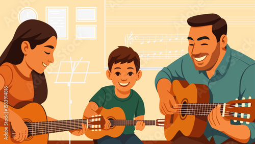A music teacher gives guitar lessons to children in a classroom. Have fun learning and developing your creativity and love for music. Guitar class for children with an enthusiastic teacher. 