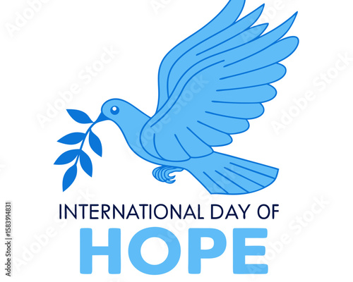 A blue dove carrying an olive branch on white background symbolizes international day of hope