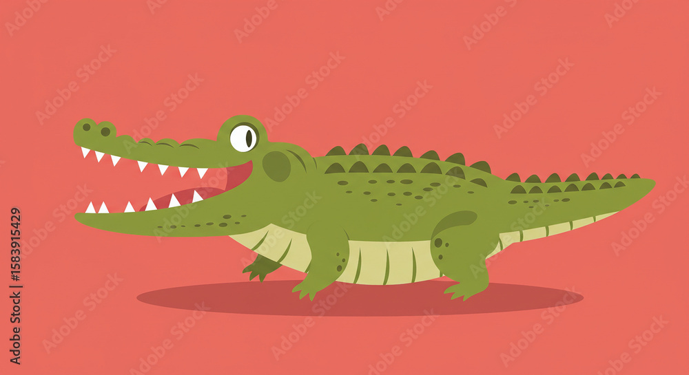 Fototapeta premium Playful Green Crocodile Illustration: Vibrant Coral Background Flat Design.
