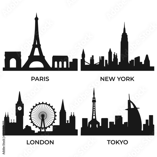 Sticker Set of 4 famous city skyline silhouettes — New York, Paris, London, and Tokyo — vector illustration on white background