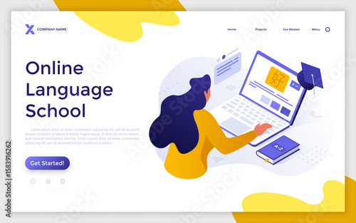 Woman listening to internet educative course on laptop. Online language school landing page isometric template. E-learning benefits for students creative 3d vector illustration for web page
