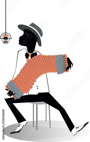 African man playing accordion and singing. 
African musician playing accordion and singing to microphone. Isolated on white background

