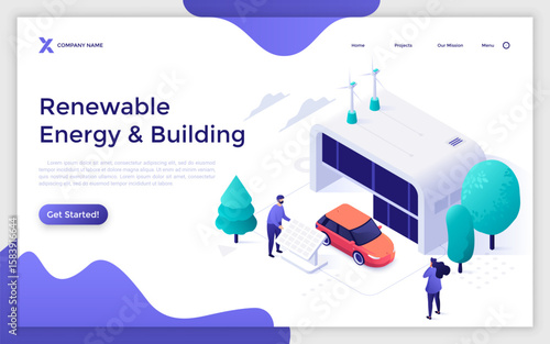 Couple recharging electrical car at modern station. Renewable energy and eco-friendly building landing page isometric template. Sustainable urban lifestyle creative 3d vector illustration for web page
