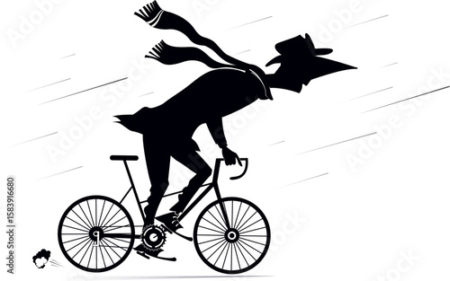 Rainy and windy day and man rides a bike. Art silhouette. Cycling man under the strong wind and rain. Black on white background