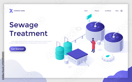 Technician checking equipment of wastewater processing plant. Sewage treatment landing page isometric template. Removing contaminants from sewer water creative 3d vector illustration for web page