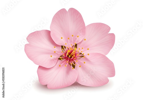 Stunning Realistic Pink Cherry Blossom Flower with Yellow Pistils Isolated on White Background.