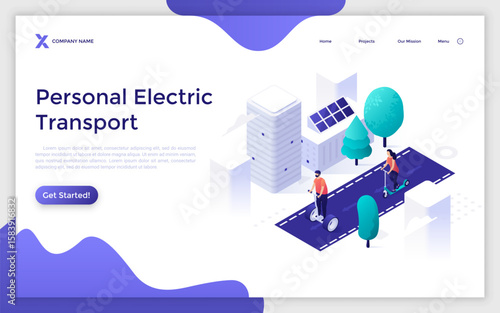 Man and woman riding e-kick scooters in urban area. Personal electric transport landing page isometric template. Choosing eco-friendly vehicles creative 3d vector illustration for web page