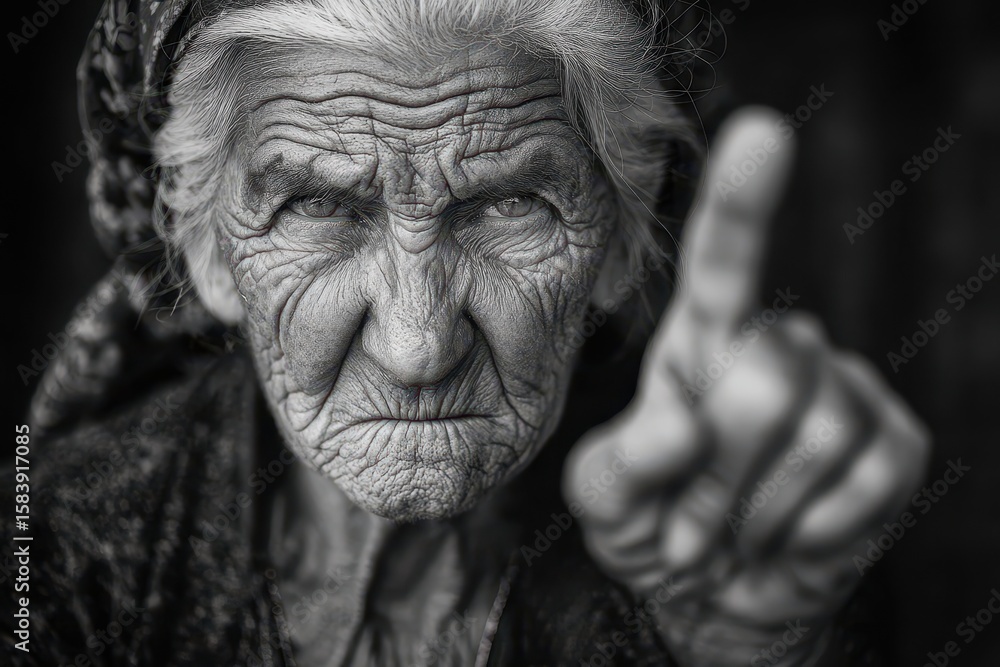 Elderly Woman Expressing Defiance: A Portrait of Age with a Bold Gesture