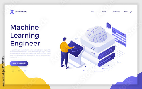 Man communicating with digital brain via computer technology. Machine learning engineer landing page isometric template. Automate artificial intelligence creative 3d vector illustration for web page