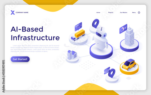 Smart robot connected to various vehicles and urban buildings. AI-based infrastructure landing page isometric template. City traffic data analyzing creative 3d vector illustration for web page