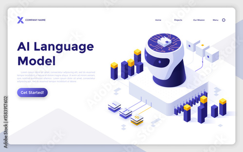 Robot with chip in head generating and analyzing texts. AI Language Model landing page isometric template. Generative artificial intelligence creative 3d vector illustration for web page