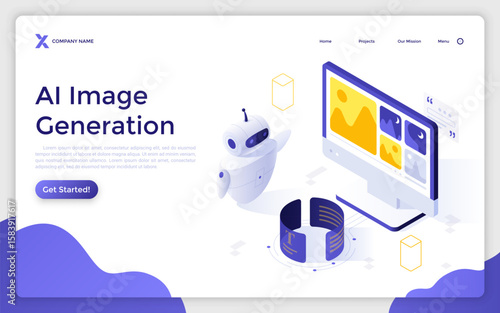 Robot creating digital art on computer. AI Image Generation landing page isometric template. Artificial intelligence drawing online creative 3d vector illustration for web page