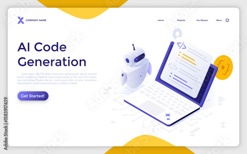 Robot creating code based on user prompts on laptop. AI Code Generation landing page isometric template. Web development technology automation creative 3d vector illustration for web page